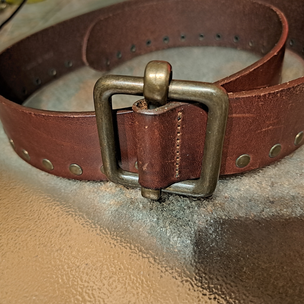 MaxMara Dark Brown Leather Belt with Antique Brass Buckle